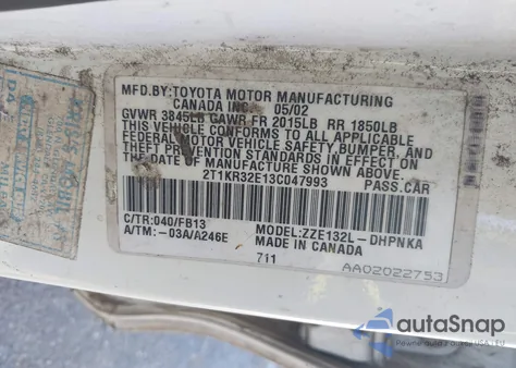 2003 Toyota Matrix Xr from USA, damaged, VIN 2T1KR32E13C047993